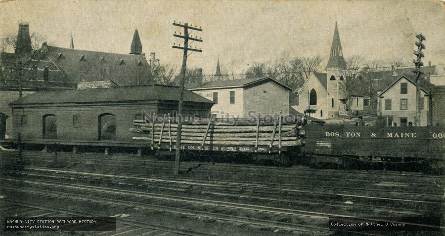 Postcard: Location of New Overhead Bridge, Showing Old Lowell Freight House and Methodist Church, Ayer, Massachusetts